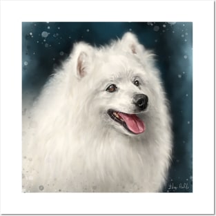 Painting of a White Japanese Spitz Dog Smiling Posters and Art